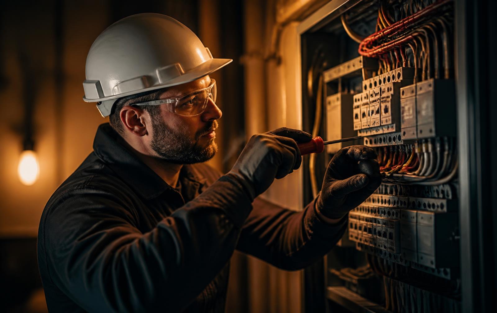 Électricien TECELEC travaillant sur un tableau électrique au Luxembourg